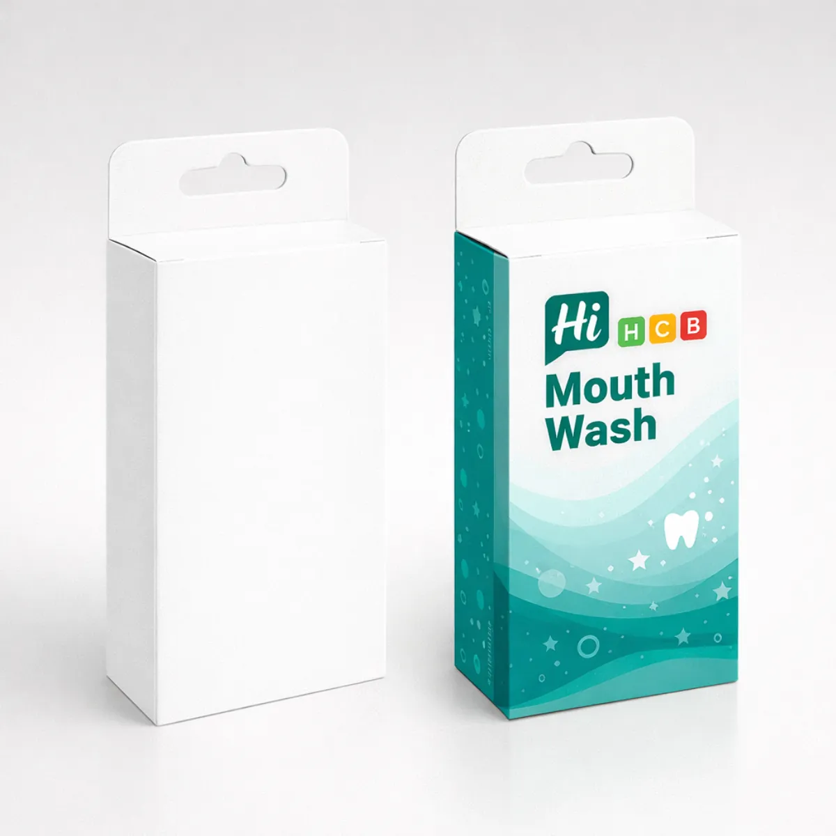 Two rectangular mouthwash boxes with hang tabs- showing a plain white and a branded teal design- class=